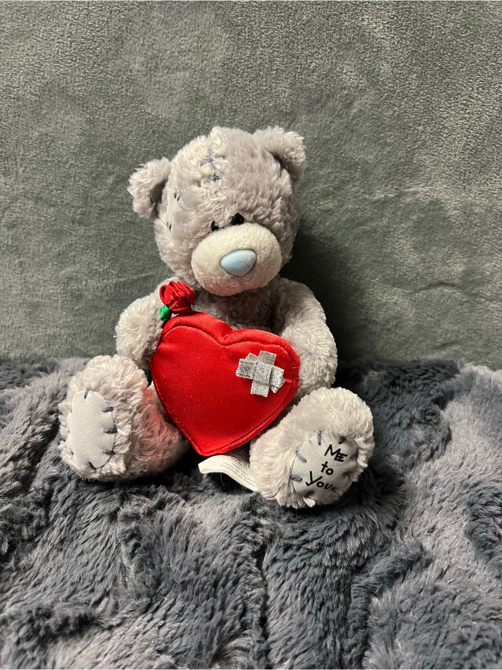 Me to You Tatty Teddy Holding Red Heart with Bandage and Rose Gray Bear with Red